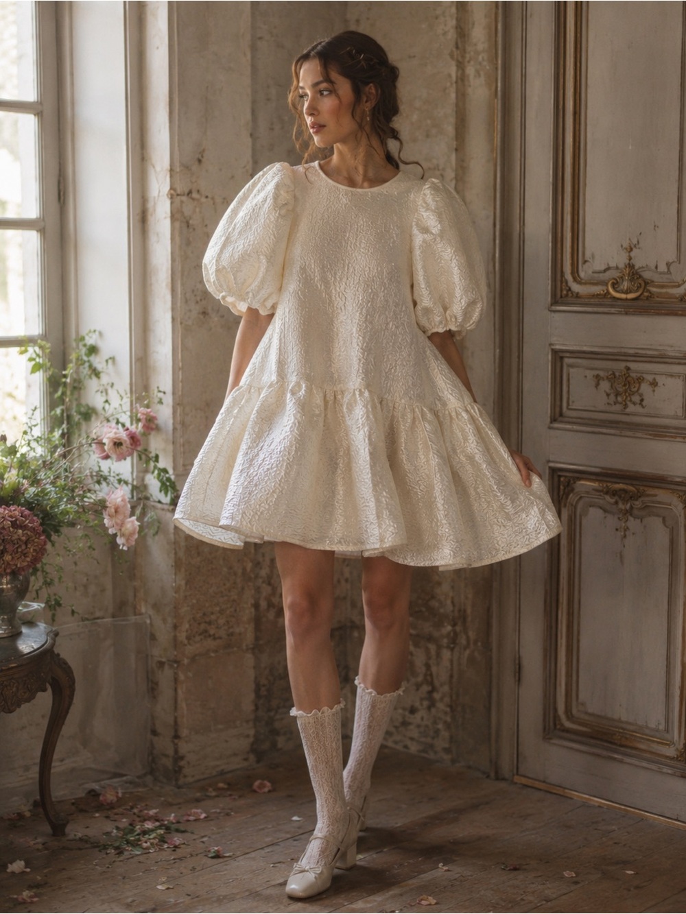 Ivory Brocade Puff Sleeve Babydoll Fairy Cottagecore Dress